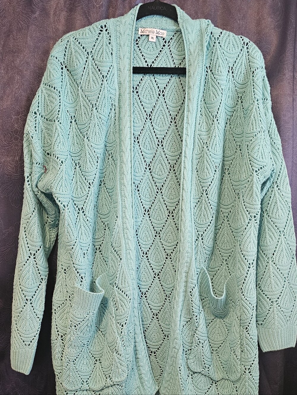 Michelle Mae Aqua Open-Front Crochet Knit Cardigan